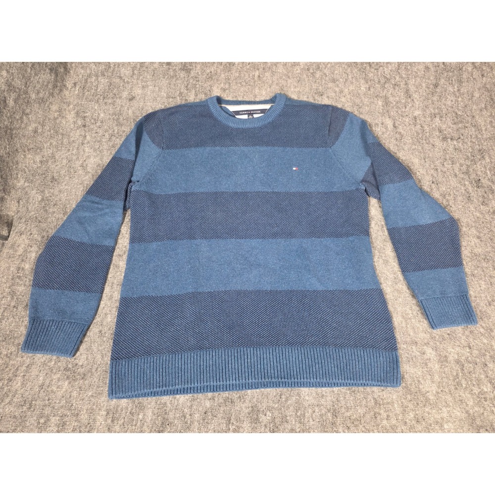 Mens Sweater Waffle Knit XXL Blue Striped Tommy Hilfiger Cotton Pullover Top